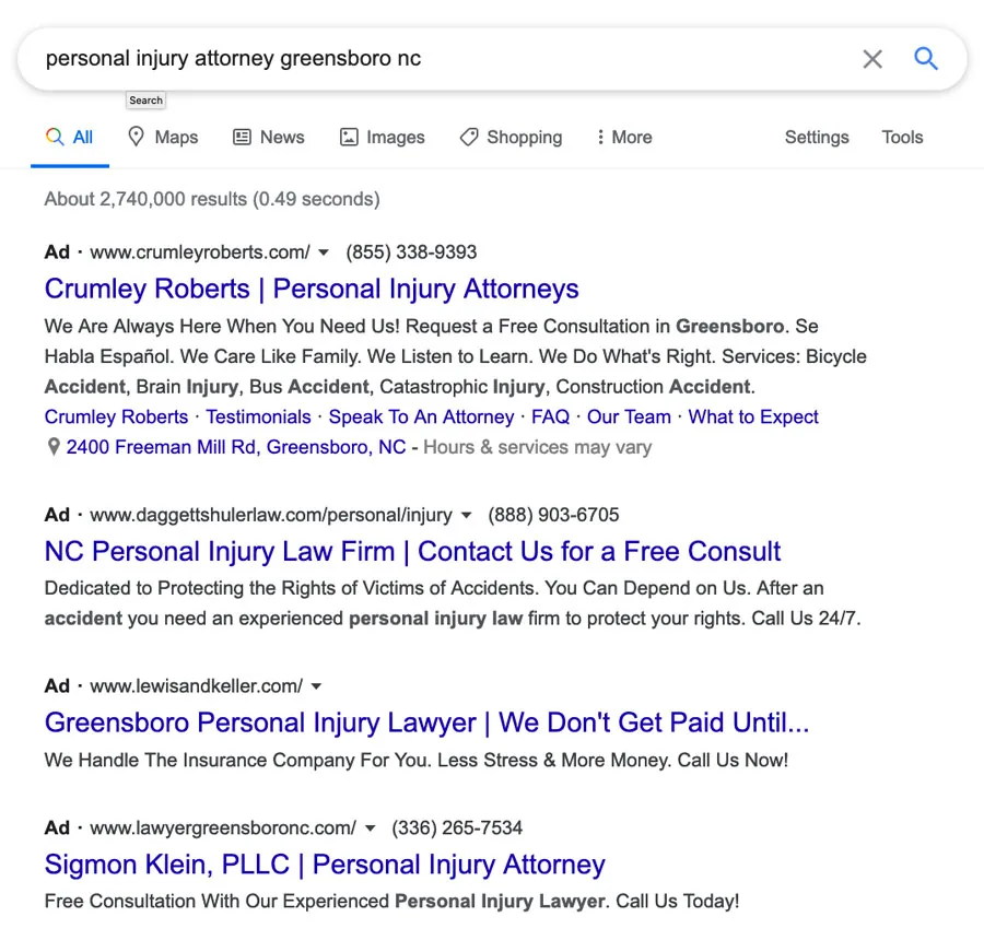 Example of Paid Search Using Google for Personal Injury Attorney Greensboro, NC