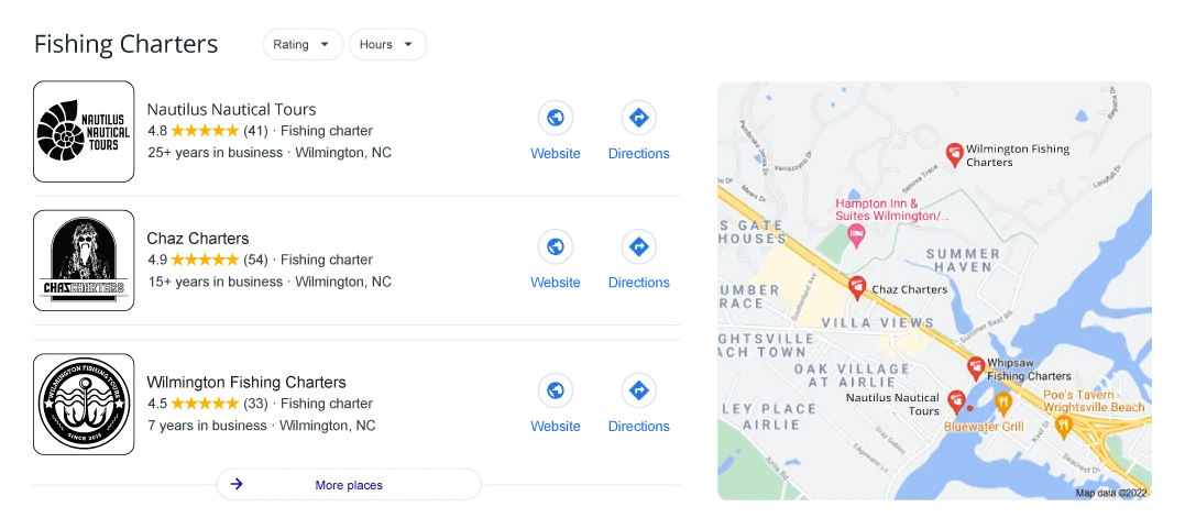Local SEO and SEM Best Practices for Small Businesses image Google Page Fishing Charters 3-Pack Example