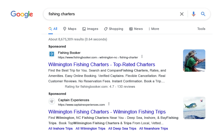Local SEO and SEM Best Practices for Small Businesses image Google Page Fishing Charters Sponsored Example