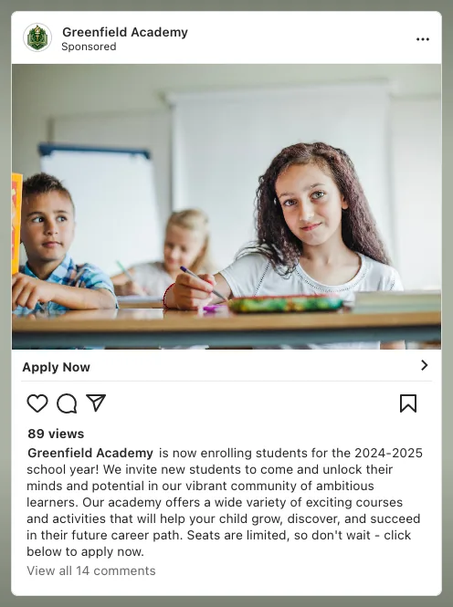 Market Your Private School On: Turn Inquiries Into image Greenfield Academy our fictional school Facebook ad example.