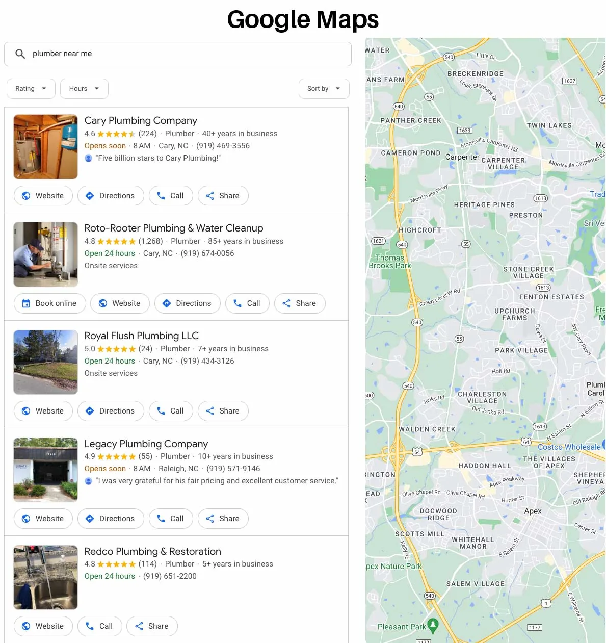Local SEO 101: How to Grow Your Service Area Business image Google Maps for Plumber Near Me in Cary NC - Screenshot from Google