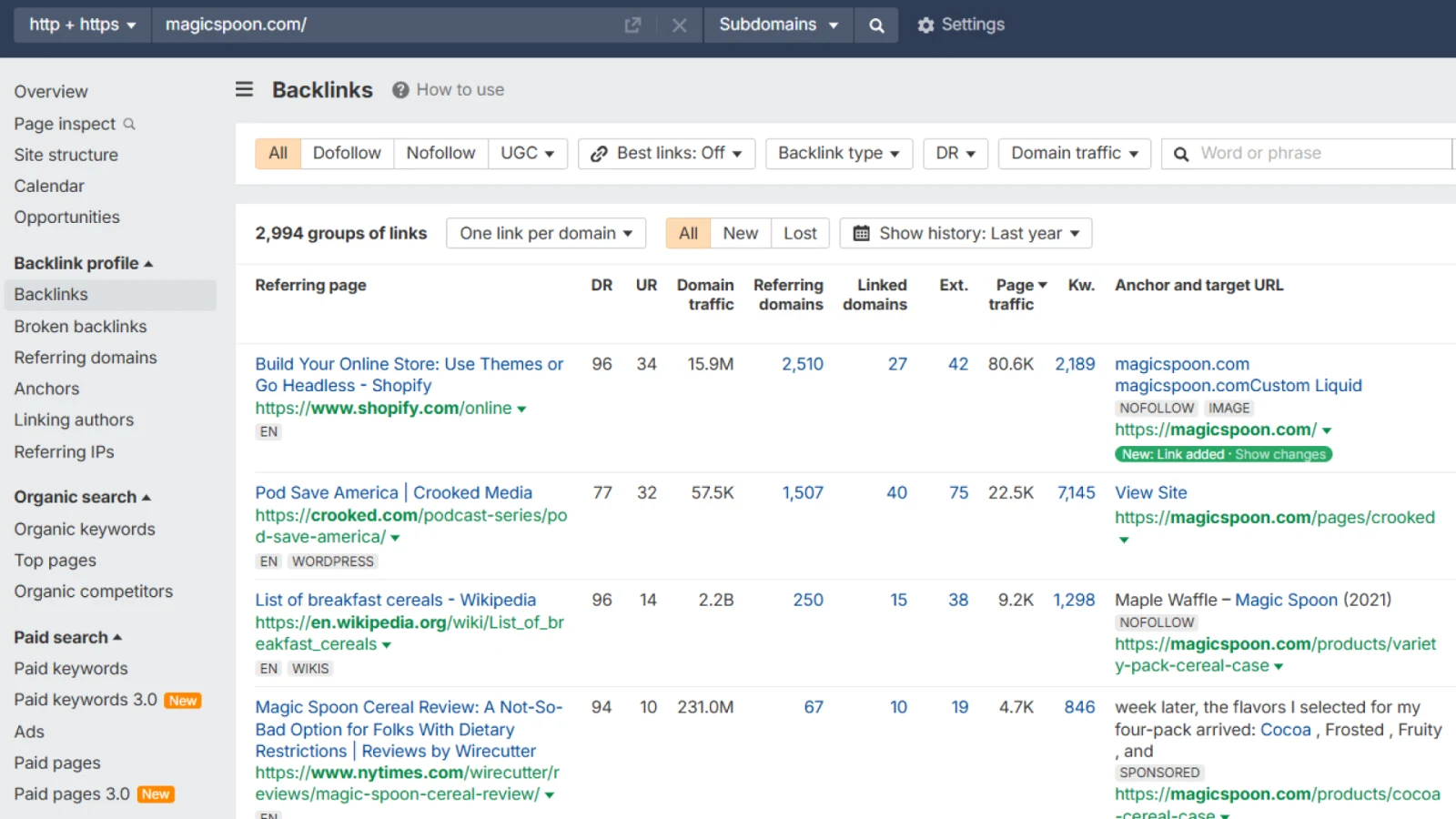 Link Building for Small Business: 10 Key Methods image Example backlink profile analysis of magicspoon.com showing anchor texts, referring domains, and link building strategy.