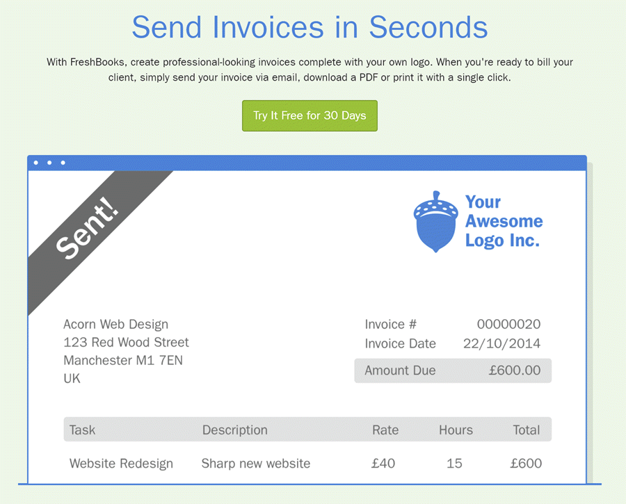 A Business Owner's Guide to Get More Home Service Calls image Freshbooks landing page showing "Send invoices in seconds" messaging - an example of simplifying complex tasks