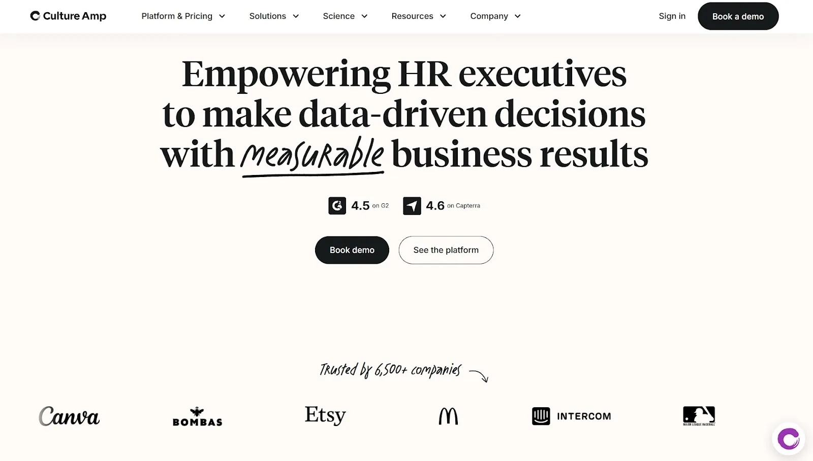 Culture Amp hero headline emphasizing data-driven HR decisions with trust indicators from companies like Canva, Etsy, and McDonald