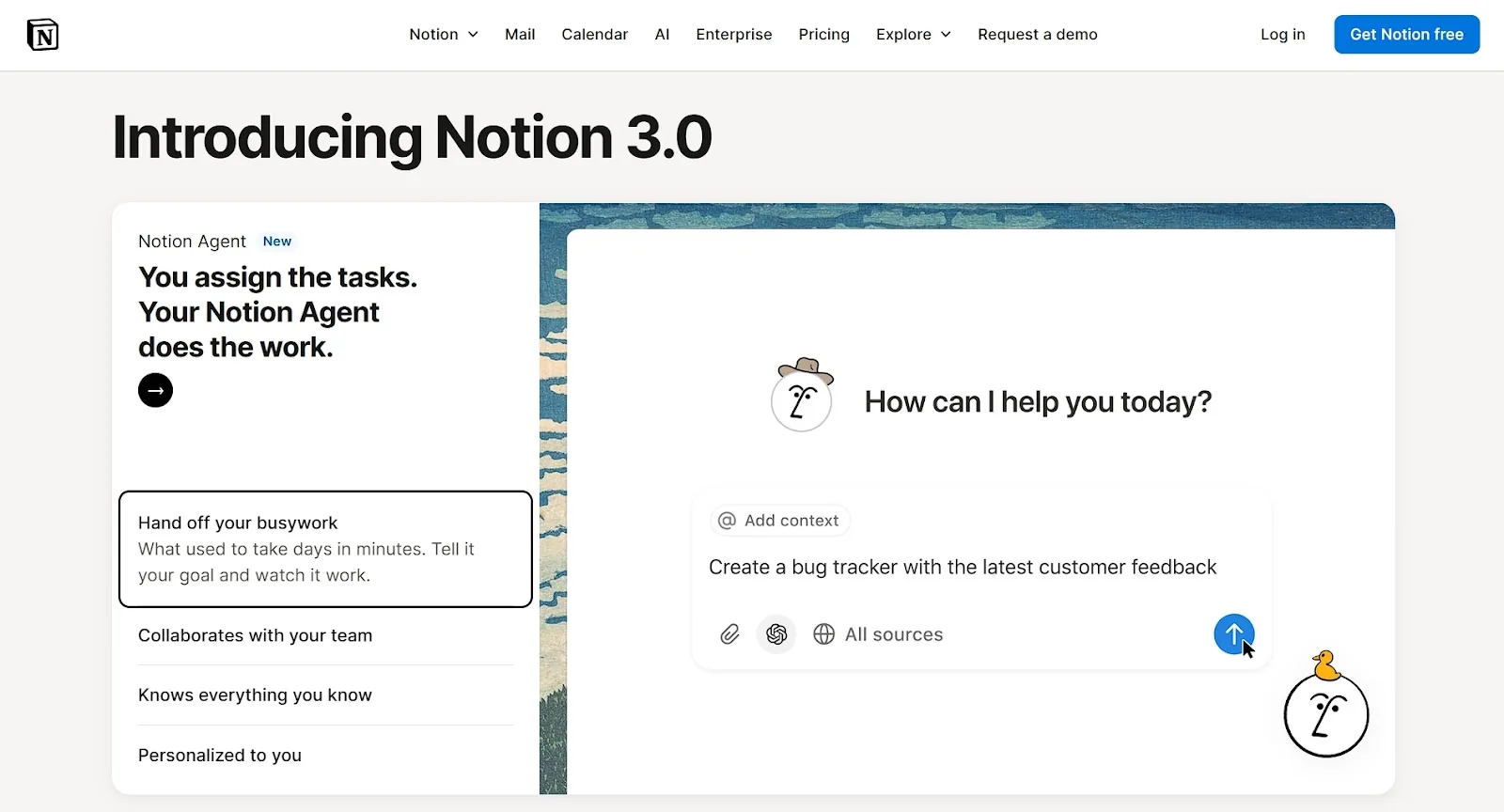 A workspace and project management platform (Notion) homepage, showing a clean, minimalist design while demonstrating their Notion 3.0 platform.