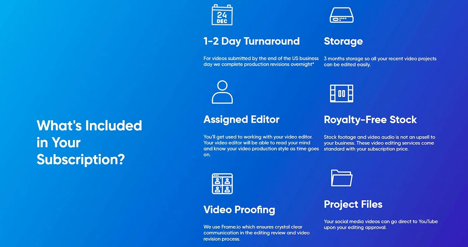 A section from the video editing service Vidpros&rsquo; homepage, detailing a 1-2 day turnaround and subscription benefits like a dedicated editor and royalty-free stock assets.