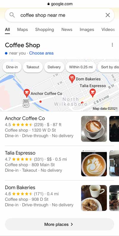 Google Coffee Shops Near Me - Mobile View