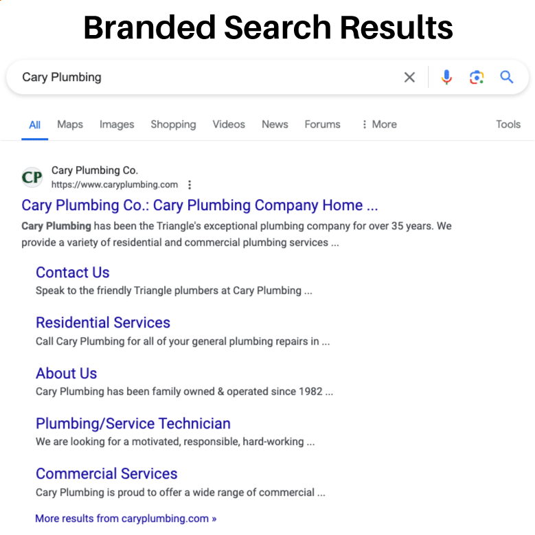 Your Service Area Business Online: Dominate Local Search image Cary Plumber in Cary NC Branded Search Results - Screenshot from Google