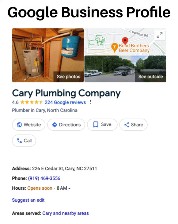 Your Service Area Business Online: Dominate Local Search image Cary Plumber GBP in Cary NC - Screenshot from Google