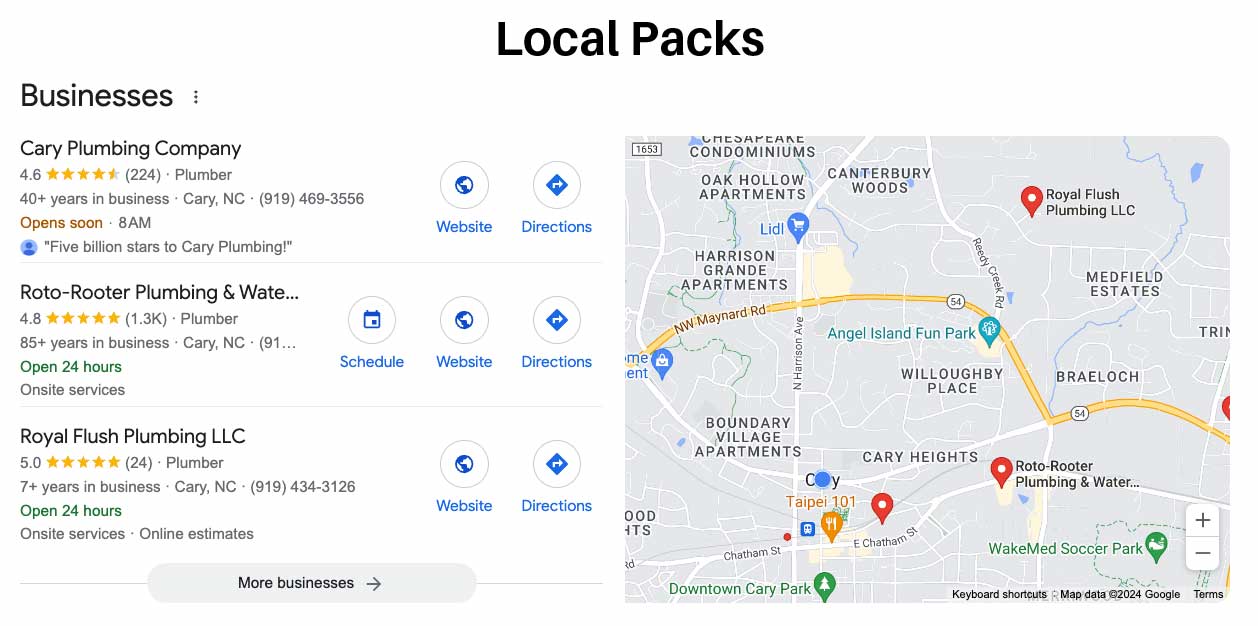 Your Service Area Business Online: Dominate Local Search image Cary Plumber Local Pack in Cary NC Screenshot from Google