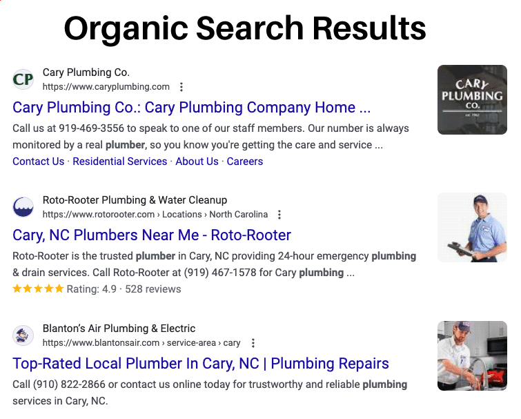 Your Service Area Business Online: Dominate Local Search image Plumber in Cary NC Organic Search Results - Screenshot from Google