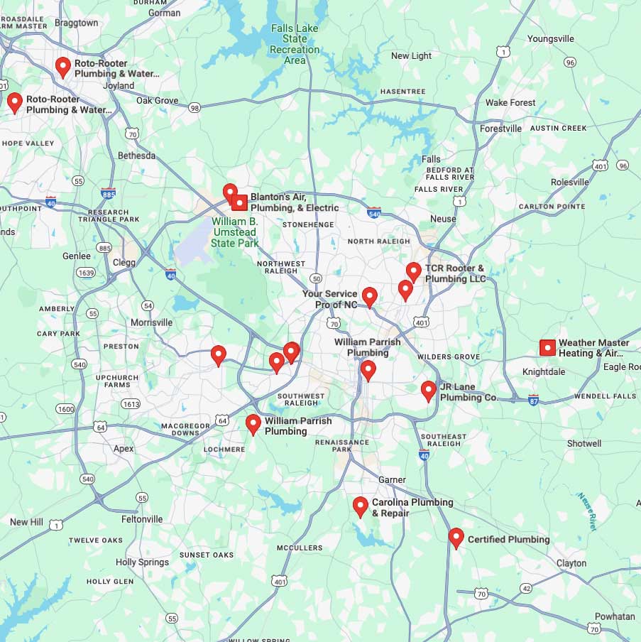 Your Service Area Business Online: Dominate Local Search image Raleigh NC 24-hour Emergency Plumbing in Google Maps - Screenshot from Google