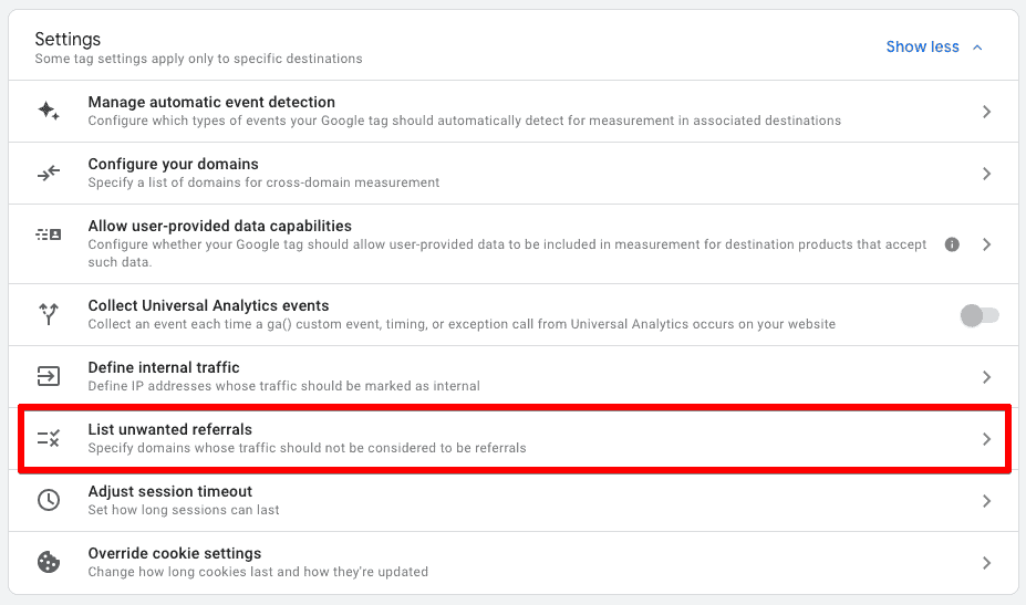 Master Your GA4 Configuration: 5 Key Fixes image List unwanted referrals setting in Google Analytics 4