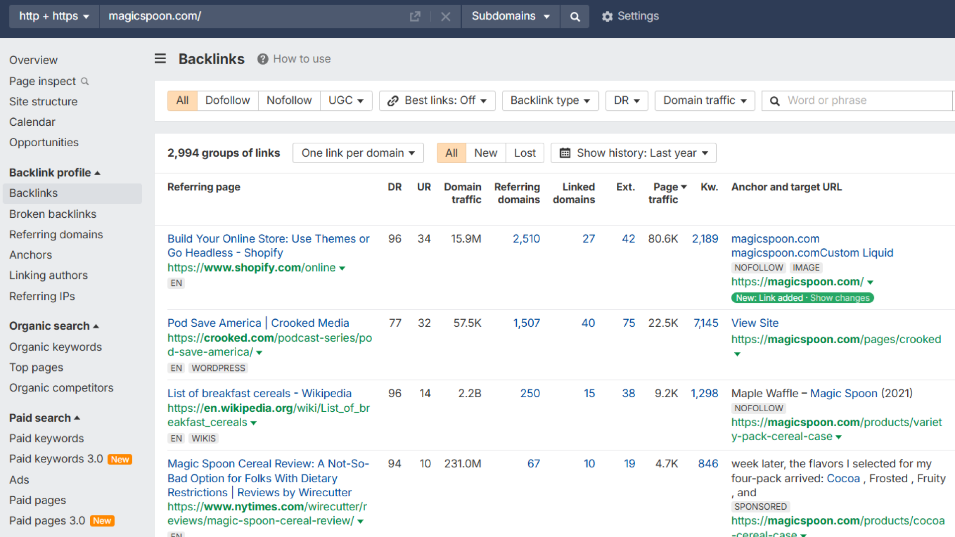 Link Building for Small Business: 10 Key Methods image Example backlink profile analysis of magicspoon.com showing anchor texts, referring domains, and link building strategy.