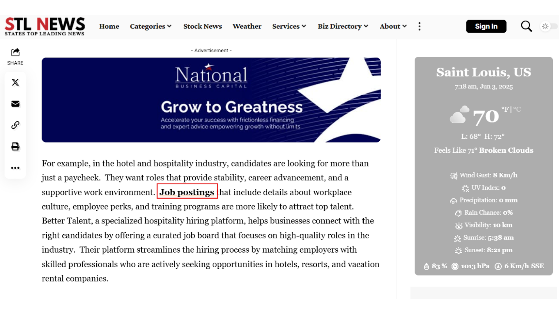 Link Building for Small Business: 10 Key Methods image Example of a guest post on hiring trends for employers, published on stl.news as part of a content marketing strategy.