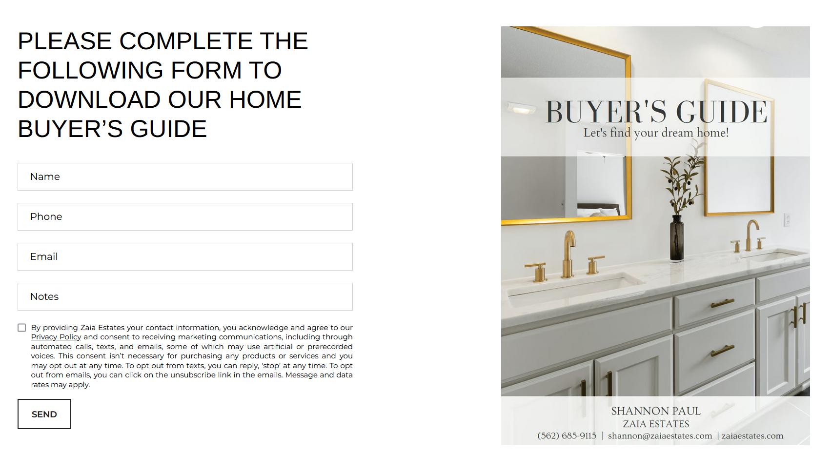 Choose Between Micro And: What Small Businesses Get Wrong image A split screen showing a form to download a home buyer’s guide on the left and a modern bathroom image with "Buyer’s Guide" title on the right.