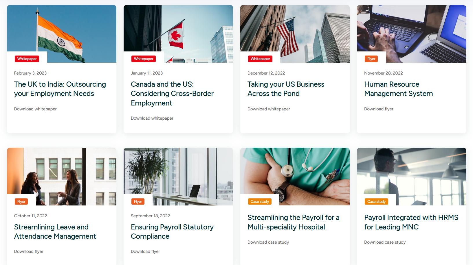 Choose Between Micro And: What Small Businesses Get Wrong image A grid of downloadable business documents including whitepapers, flyers, and case studies related to HR, payroll, and global employment solutions.