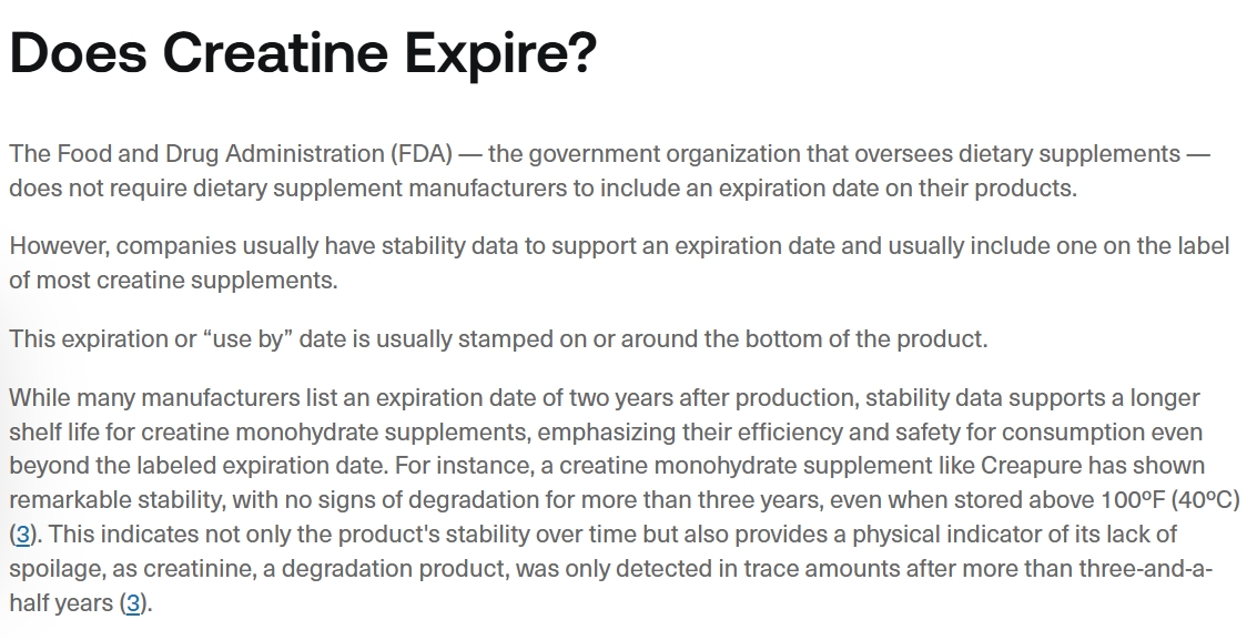 Screenshot of a blog post titled &ldquo;Does Creatine Expire?&rdquo; explaining supplement shelf life, FDA guidelines, and product stability.