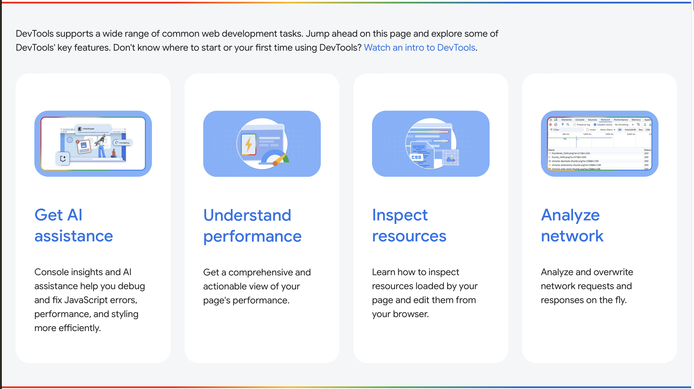 An image showing how Chrome DevTools support a wide range of web development functions.