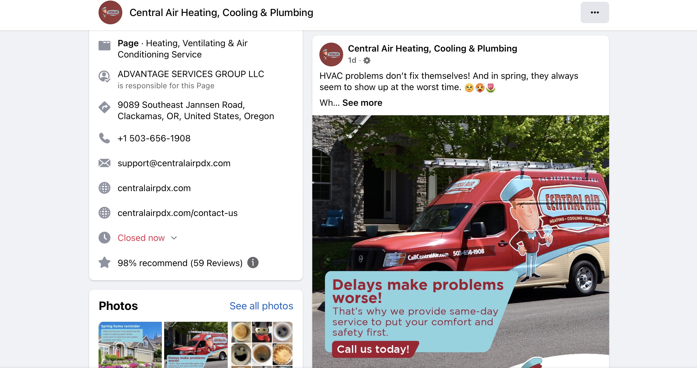 Central Air Heating, Cooling, &amp; Plumbing promoting services on its Facebook page