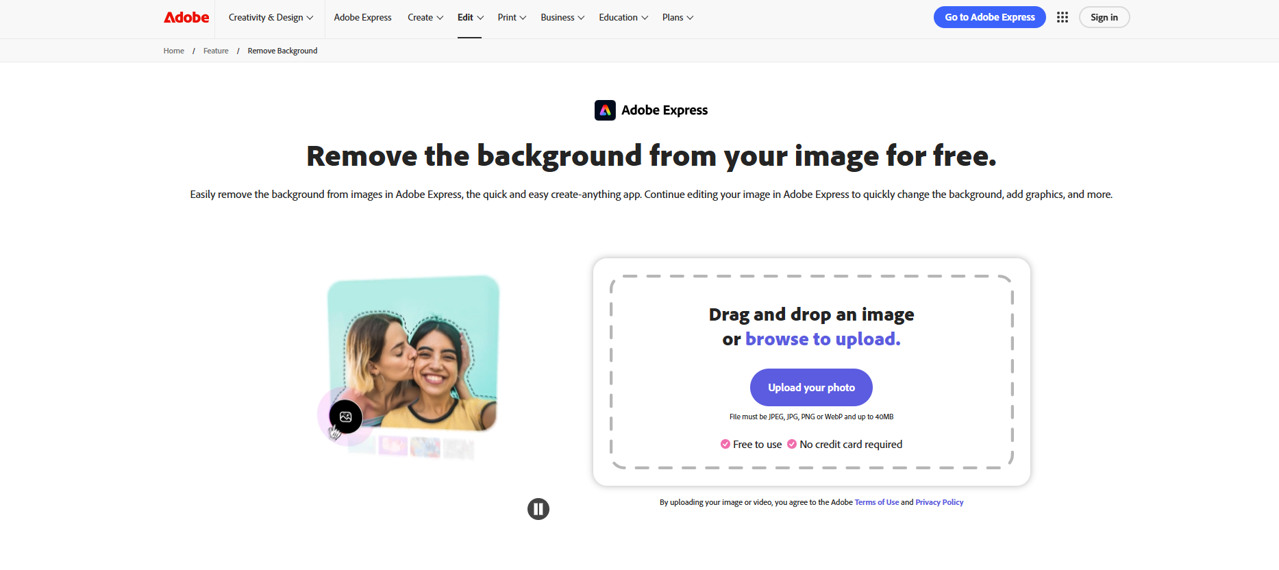 Adobe Express page for automatic background removal with image upload area