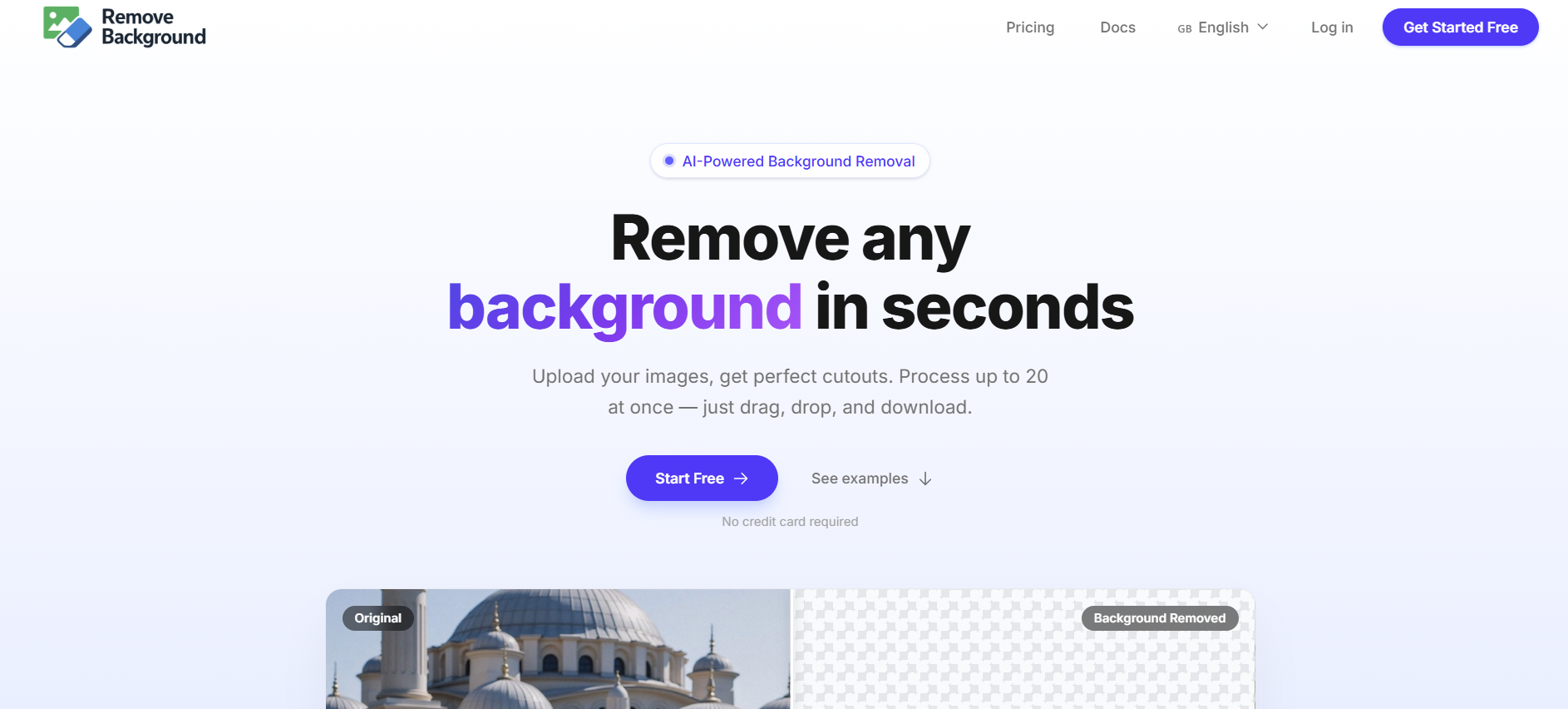 Homepage of the Remove Background AI tool showing the background removal feature