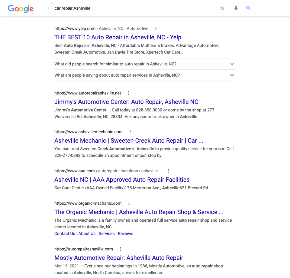 A Guide to Search Engine Marketing for Local Business image Google search for "Car Repair Asheville"
