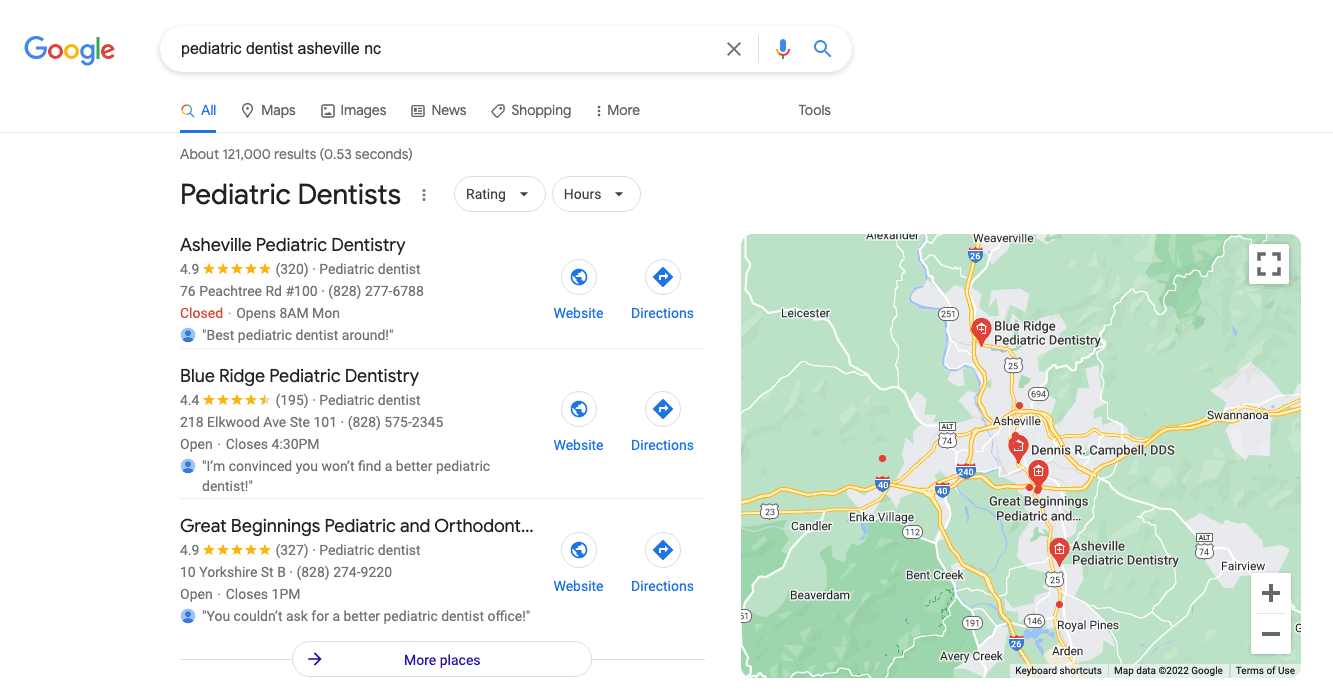A Guide to Search Engine Marketing for Local Business image Google search for "Pediatric Dentist Asheville" map pack view