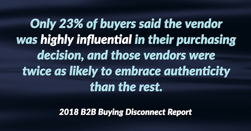 Inspirational Quotes: Real Examples From Real Businesses image Only 23% of buyers said the vendor was highly influential in their purchasing decision, and those vendors were twice as likely to embrace authenticity than the rest. -2018 B2B Buying Disconnect Report